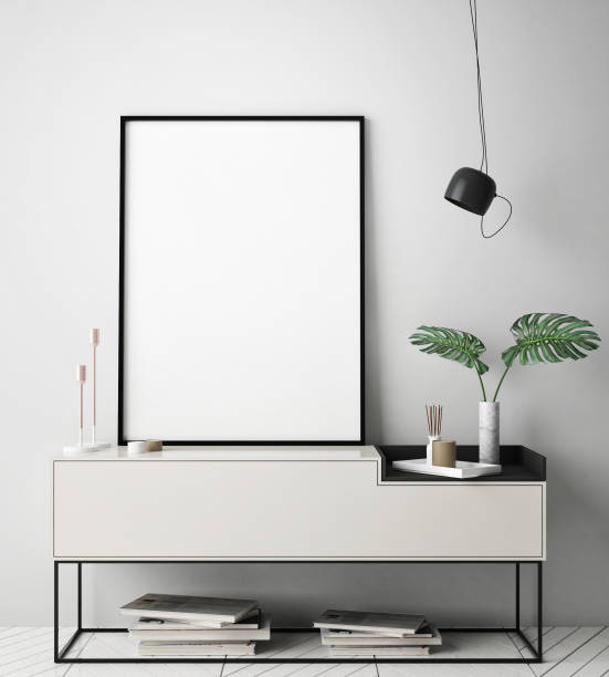 istock mock up poster frame in hipster interior background, scandinavian style, 3D render 686646342