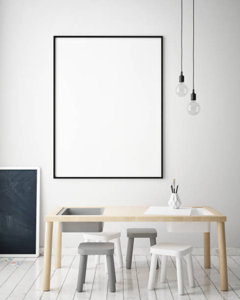 istock mock up poster frames in children bedroom, Scandinavian style interior background, 3D render 686648838