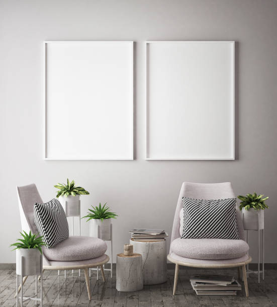 istock mock up poster frame in hipster interior background, scandinavian style, 3D render 686648888