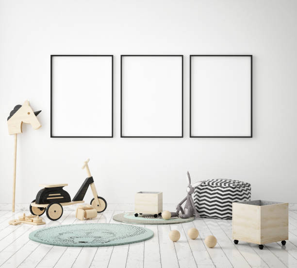 mock up poster frames in children bedroom, Scandinavian style interior background, 3D render stock photo