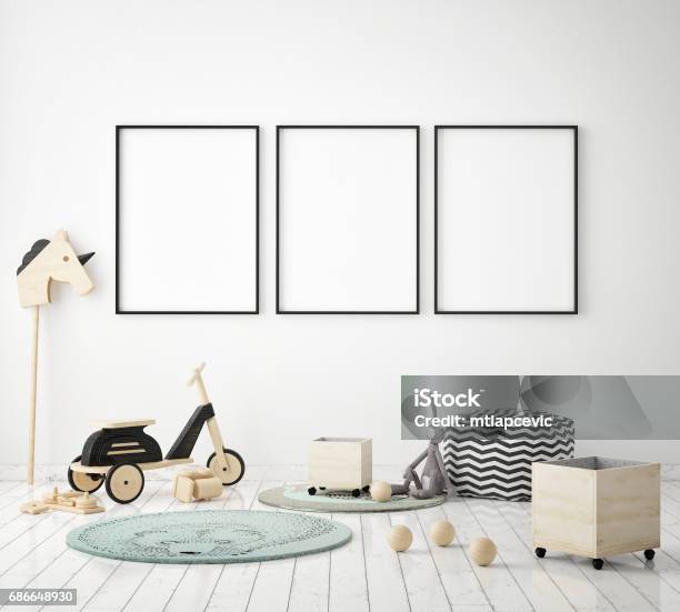 Mock Up Poster Frames In Children Bedroom Scandinavian Style Interior Background 3d Render Stock Photo - Download Image Now