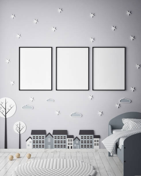 mock up poster frames in children bedroom, Scandinavian style interior background, 3D render
