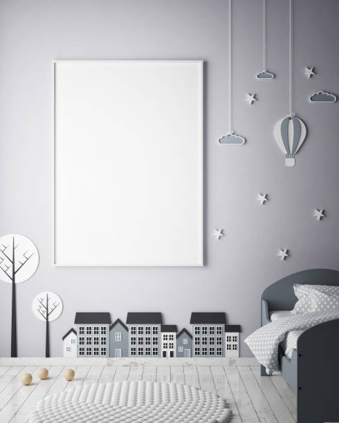 istock mock up poster frames in children bedroom, Scandinavian style interior background, 3D render 686648986