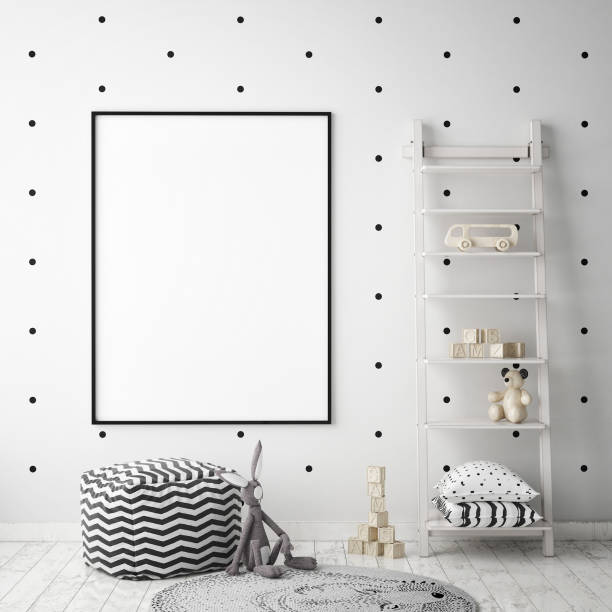 istock mock up poster frames in children bedroom, Scandinavian style interior background, 3D render 686649020