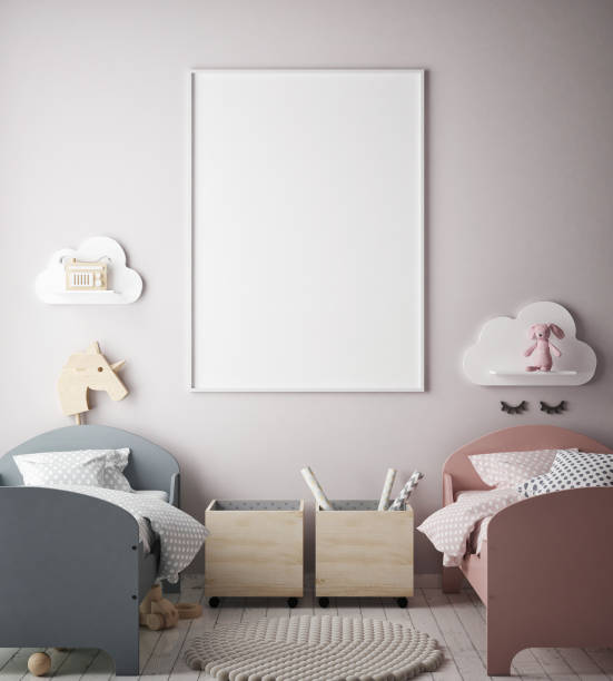 istock mock up poster frames in children bedroom, Scandinavian style interior background, 3D render 686649068