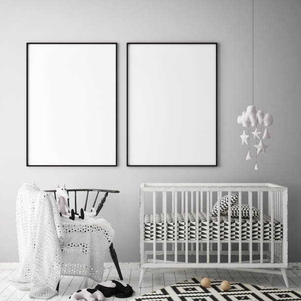 istock mock up poster frames in children bedroom, Scandinavian style interior background, 3D render 686649088
