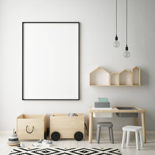 mock up poster frames in children bedroom, Scandinavian style interior background, 3D render