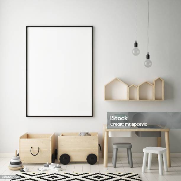 Mock Up Poster Frames In Children Bedroom Scandinavian Style Interior Background 3d Render Stock Photo - Download Image Now