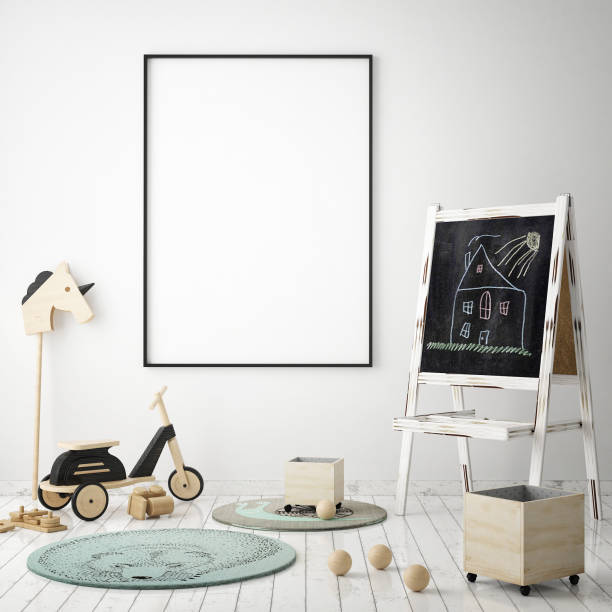 istock mock up poster frames in children bedroom, Scandinavian style interior background, 3D render 686649106