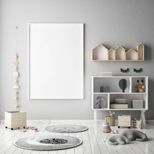 istock mock up poster frames in children bedroom, Scandinavian style interior background, 3D render 686649112