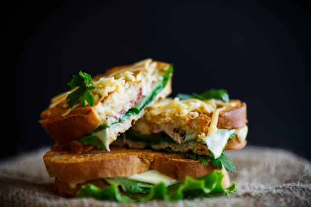 istock Fried hot sandwich with sausage and salad leaves 686660080