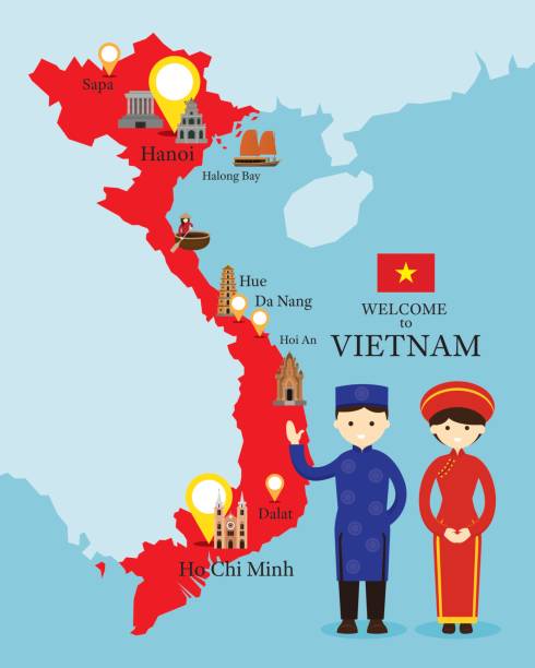 illustrazioni stock, clip art, cartoni animati e icone di tendenza di mappa del vietnam e punti di riferimento con persone in abbigliamento tradizionale - hue