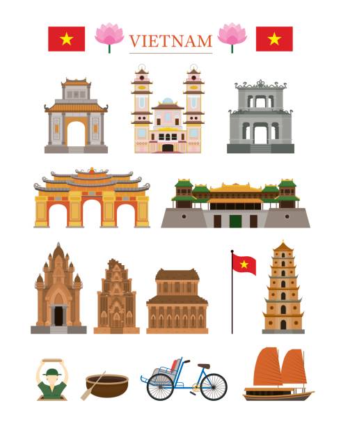 ilustrações de stock, clip art, desenhos animados e ícones de vietnam landmarks architecture building object set - hue