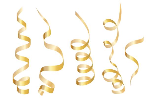 ilustrações de stock, clip art, desenhos animados e ícones de set gold curly ribbon serpentine. isolated on white background. vector illustration - ribbon curled up hanging christmas