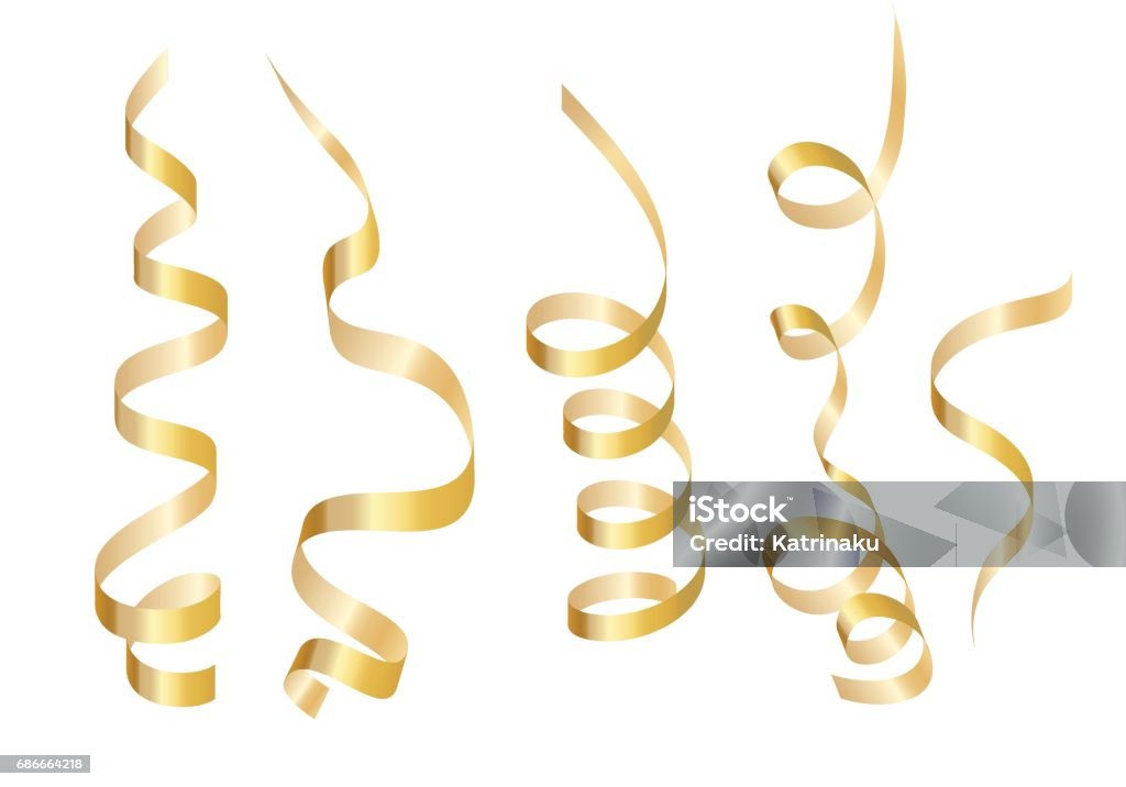 Set gold curly ribbon serpentine. Isolated on white background. Vector illustration Ribbon - Sewing Item stock vector