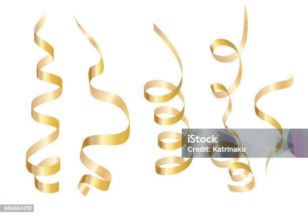 Set Gold Curly Ribbon Serpentine Isolated On White Background Vector Illustration Stock Illustration - Download Image Now