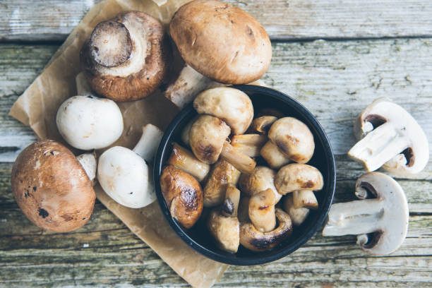 Mushrooms Breakfast Fresh whole button Champignon mushrooms fungus stock pictures, royalty-free photos & images