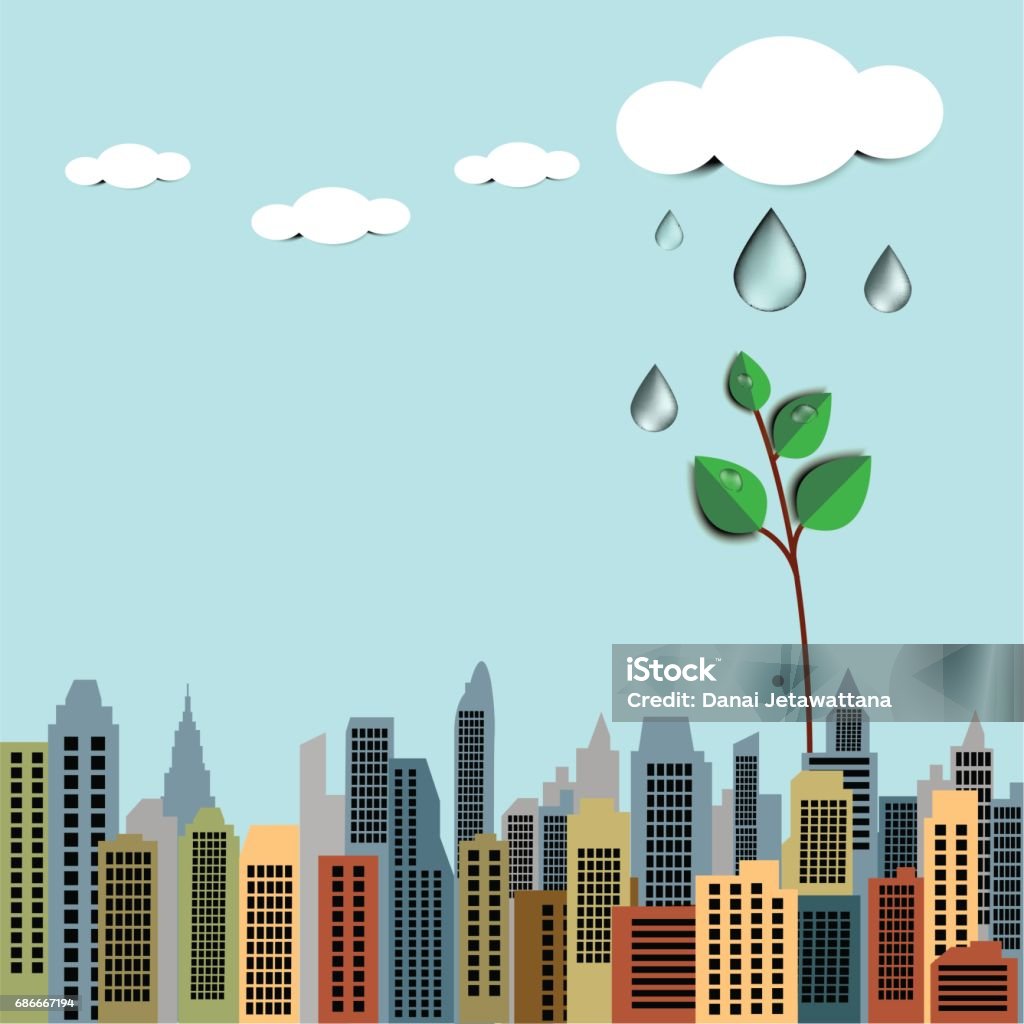 Vector Illustration Of Urbanization City And Raining With Tree On Building  Concept Of Living City With Environmental Stock Illustration - Download  Image Now - iStock