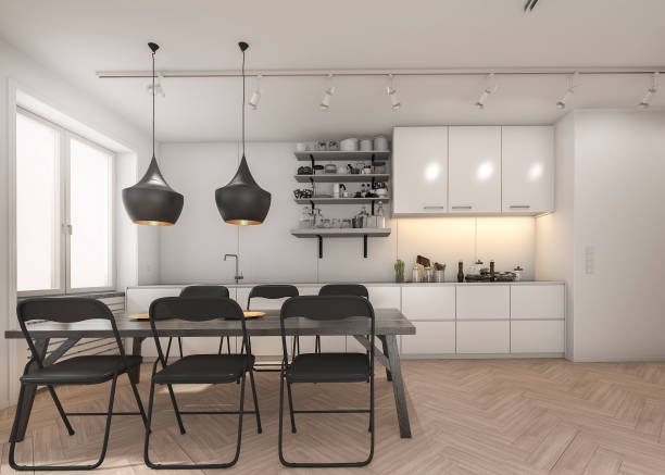 istock 3d rendering white kitchen with wood floor and black chair 686667482