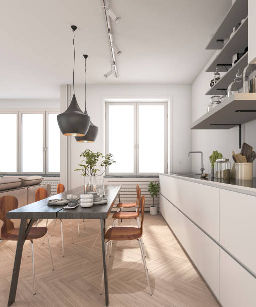 istock 3d rendering minimal wood scandinavian kitchen with lamp 686667498