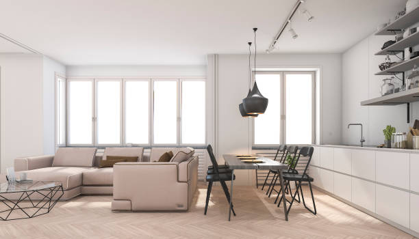 istock 3d rendering scandinavian living room and kitchen 686667502