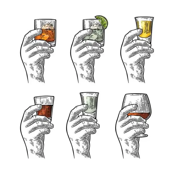 Vector illustration of Hand holding glass with tequila, vodka, rum, cognac, whiskey, gin.