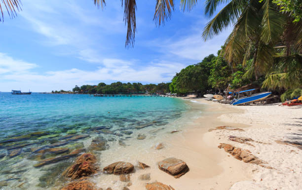 istock Summer tropical sea and beach in blue sky. 686681560