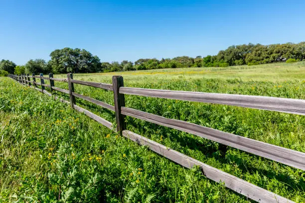 Photo of A Wide Angle View of a Beautiful Old Wooden Fence in a Field
