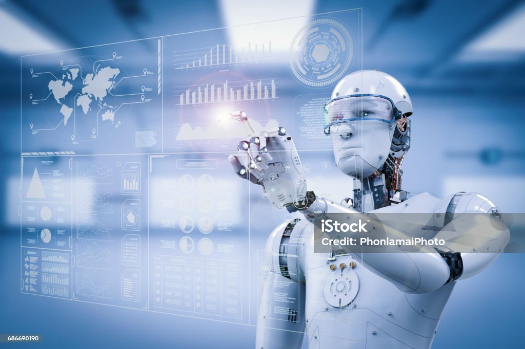 robô trabalhando com display digital - Foto de stock de Inteligência Artificial royalty-free