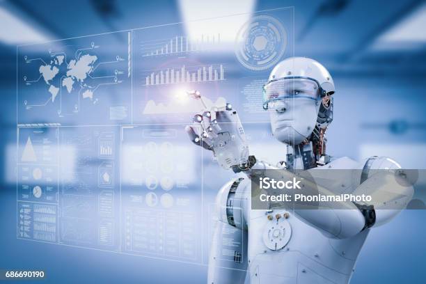 Foto de Robô Trabalhando Com Display Digital e mais fotos de stock de Inteligência Artificial - Inteligência Artificial, Robô, Braço robótico