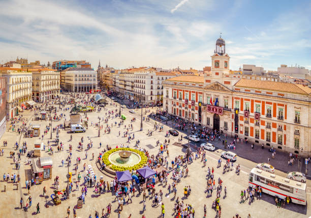 The Sun Gate from Above The Puerta del Sol square is the main public square in the city of Madrid, Spain. In the middle of the square is located the office of the President of the Community of Madrid. madrid stock pictures, royalty-free photos & images