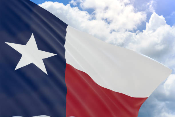 istock 3D rendering of Texas flag waving on blue sky background 686705628