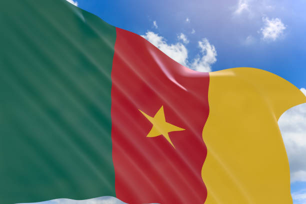 3D rendering of Cameroon flag waving on blue sky background, National Day is a holiday in Cameroon celebrated on 20 May.