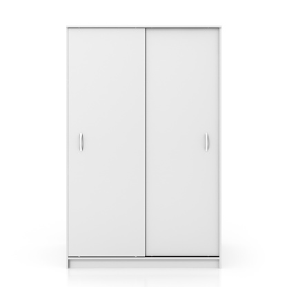 White wardrobe with closed sliding doors isolated on white background with clipping path. 3d illustration