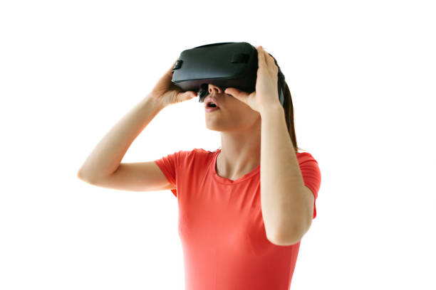 istock Woman with glasses of virtual reality. Future technology concept. Modern imaging technology. On a white background. 686712340