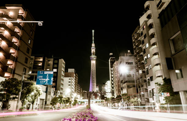 istock Night street view of Tokyo Skytree with light traffic rays 686724082