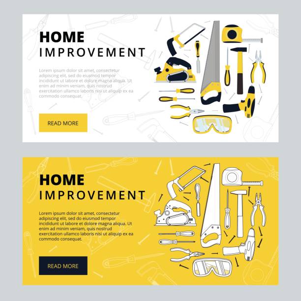 Home improvement corporate web banner template. House constructi Home improvement corporate web banner template. House construction website layout. Renovation background for professional carpenter, handyman, builder webpage. Vector illustration. web page computer icon symbol engineer stock illustrations