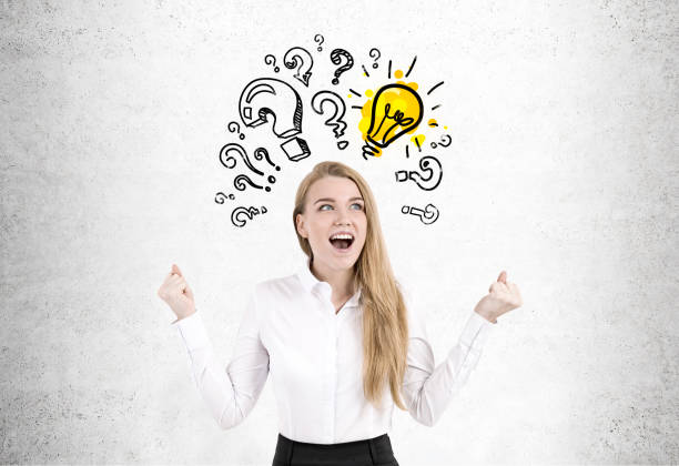 istock Happy woman, question marks and bulb 686724916