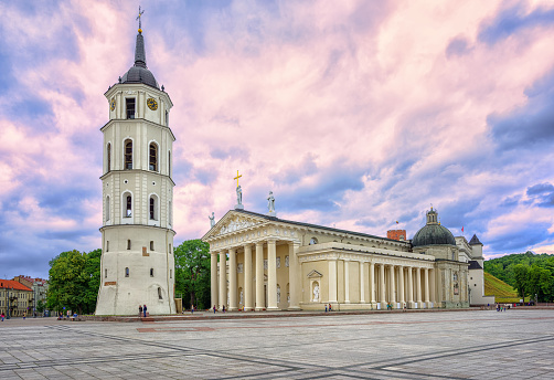 Cathedral Basilica of St Stanislaus in the old town of Vilnius, Lithuania, in dramatic sunset light