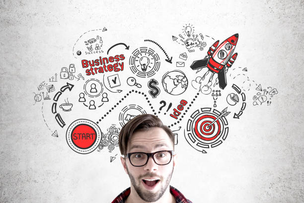istock Man in glasses and start up sketch, concrete 686727170