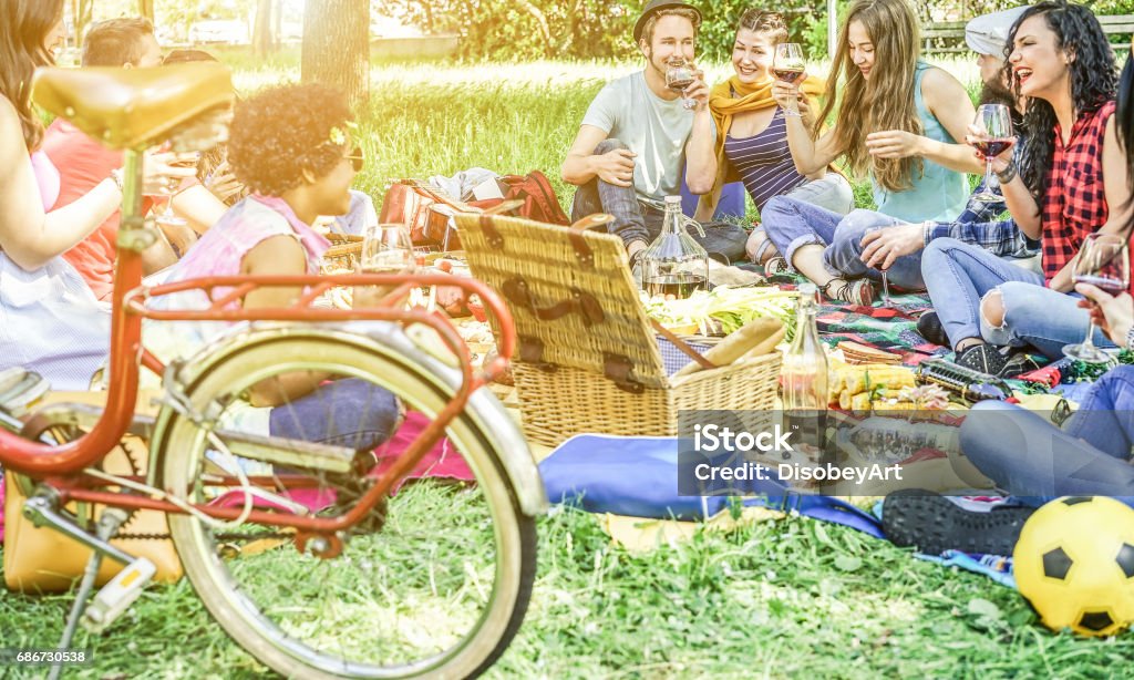 Diverse culture friends making picnic on city park outdoor - Young trendy people eating dinner in backyard outside - Focus on african hair girl - Youth and friendship concept - Vintage retro filter Picnic Stock Photo