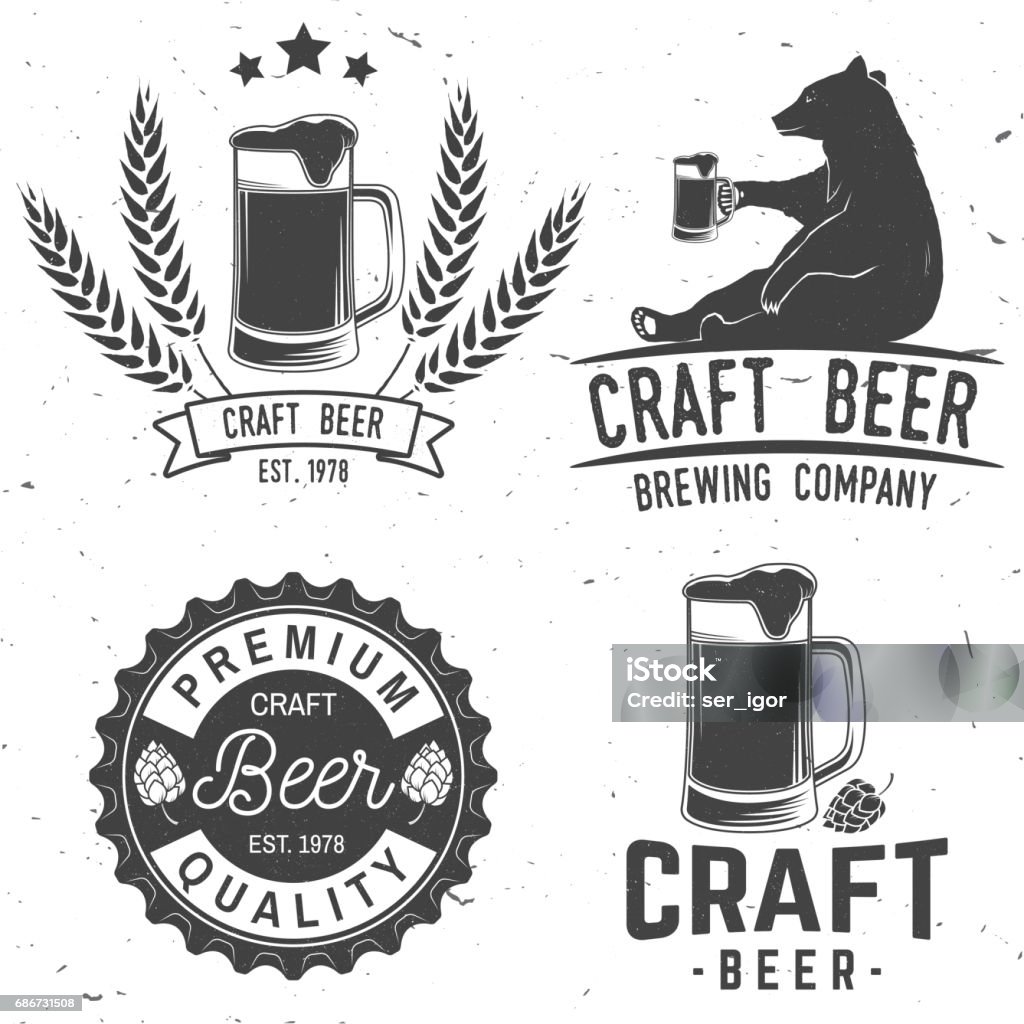 Vintage design for bar, pub and restaurant business Set of Craft Beer badges with hops and bear. Vector illustration. Vintage design for bar, pub and restaurant business. Coaster for beer. Bear stock vector