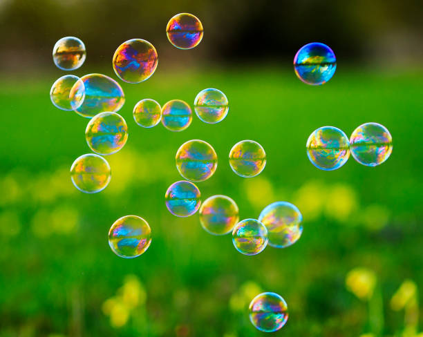 istock bright festive background with flying shiny soap bubbles on the green Sunny meadow 686734050