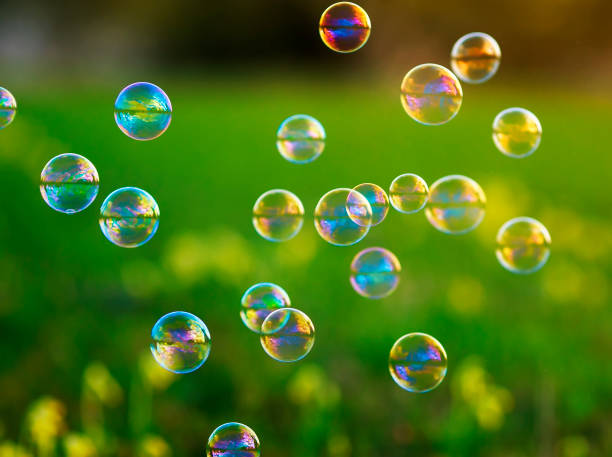 istock bright festive background with flying shiny soap bubbles on the green Sunny meadow 686734100