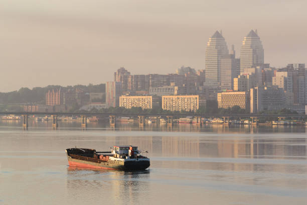 istock Ship sailing on the river in the morning at dawn II 686737314