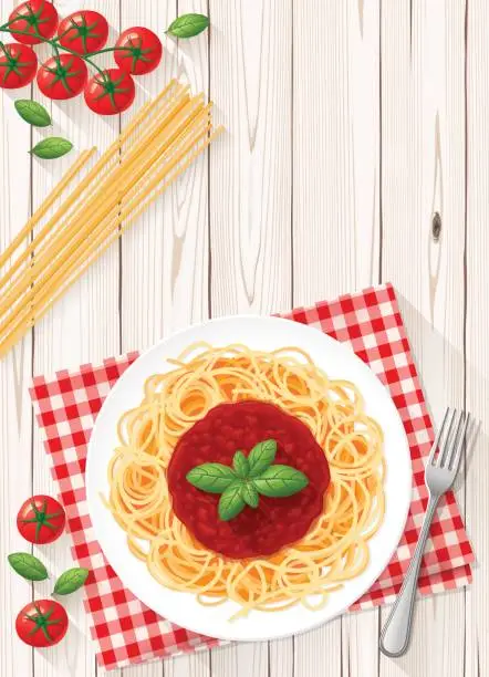 Vector illustration of Spaghetti with fresh tomato sauce and basil