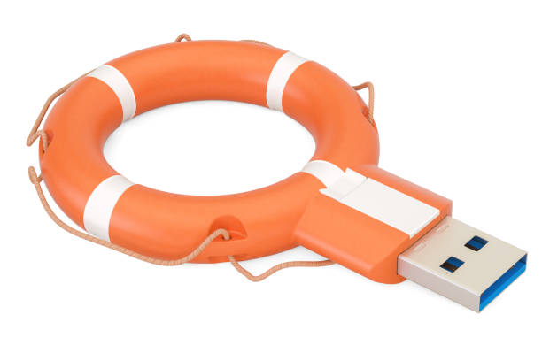 usb flash drive com boias de vida, segurança e conceito de segurança. renderização 3d - backup buoy life belt backups - fotografias e filmes do acervo