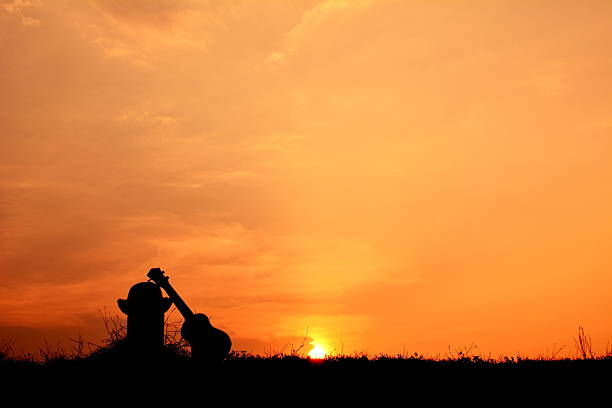 istock Silhouette Guitar By Bollard On Field Against Orange Sky 686779921