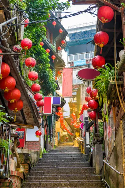 Jiufen, Taiwan at the landmark alleyway and steps.