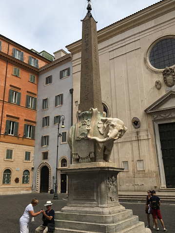 Rome, Italy - 5 September 2016: Elephant and obelisk statue by Gian Lorenzo Bernini.  in the Piazza della Minerva in Rome, adjacent to the church of Santa Maria sopra Minerva.